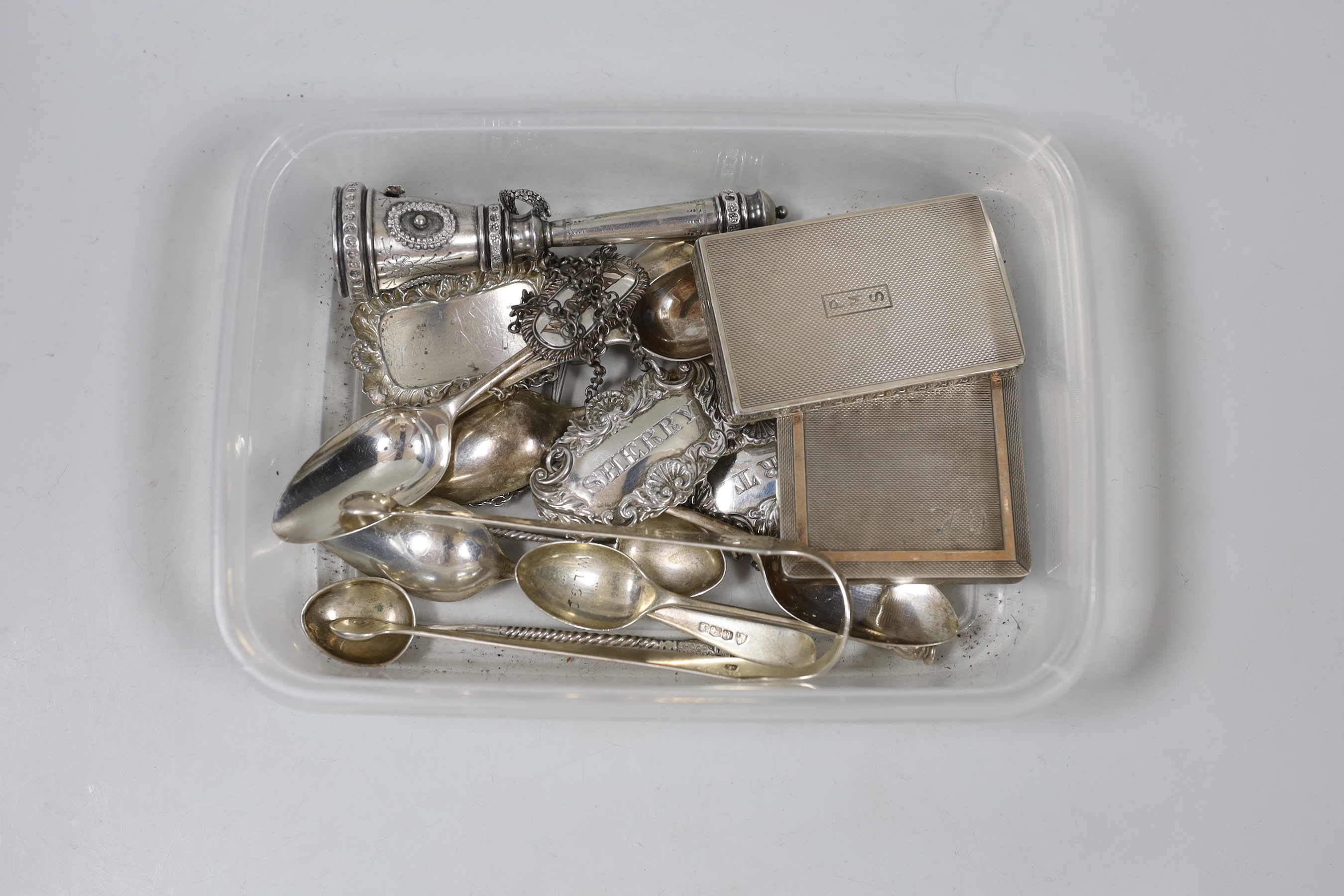 A group of sundry silver and white metal items including a posy holder, 19th century wine labels, flatware and two cigarette? cases.